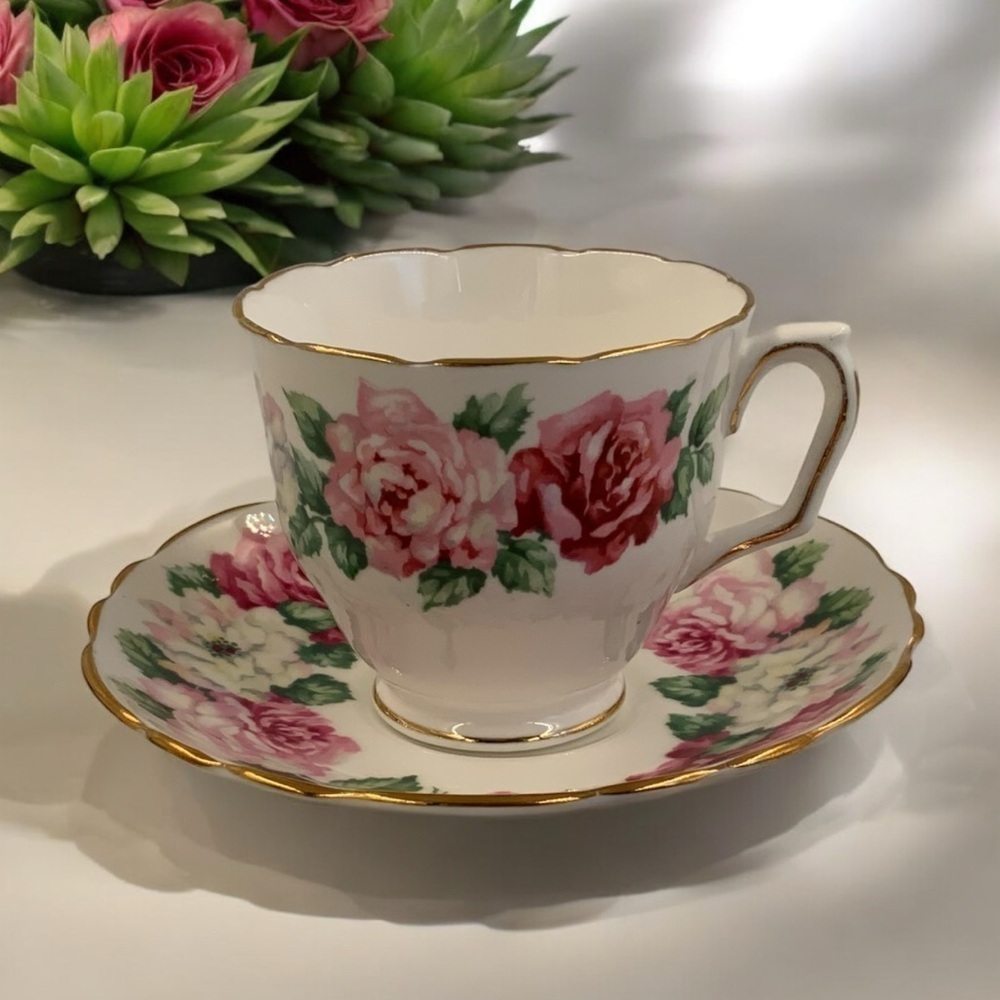 Vintage Crown Staffordshire England Teacup & Saucer, Tiffany Rose Bone China